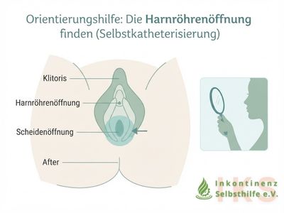 Schematische Orientierung der äußeren weiblichen Anatomie mit Beschriftung von Klitoris, Harnröhrenöffnung, Scheidenöffnung und After. Ein Handspiegel ist als mögliche Orientierungshilfe dargestellt.