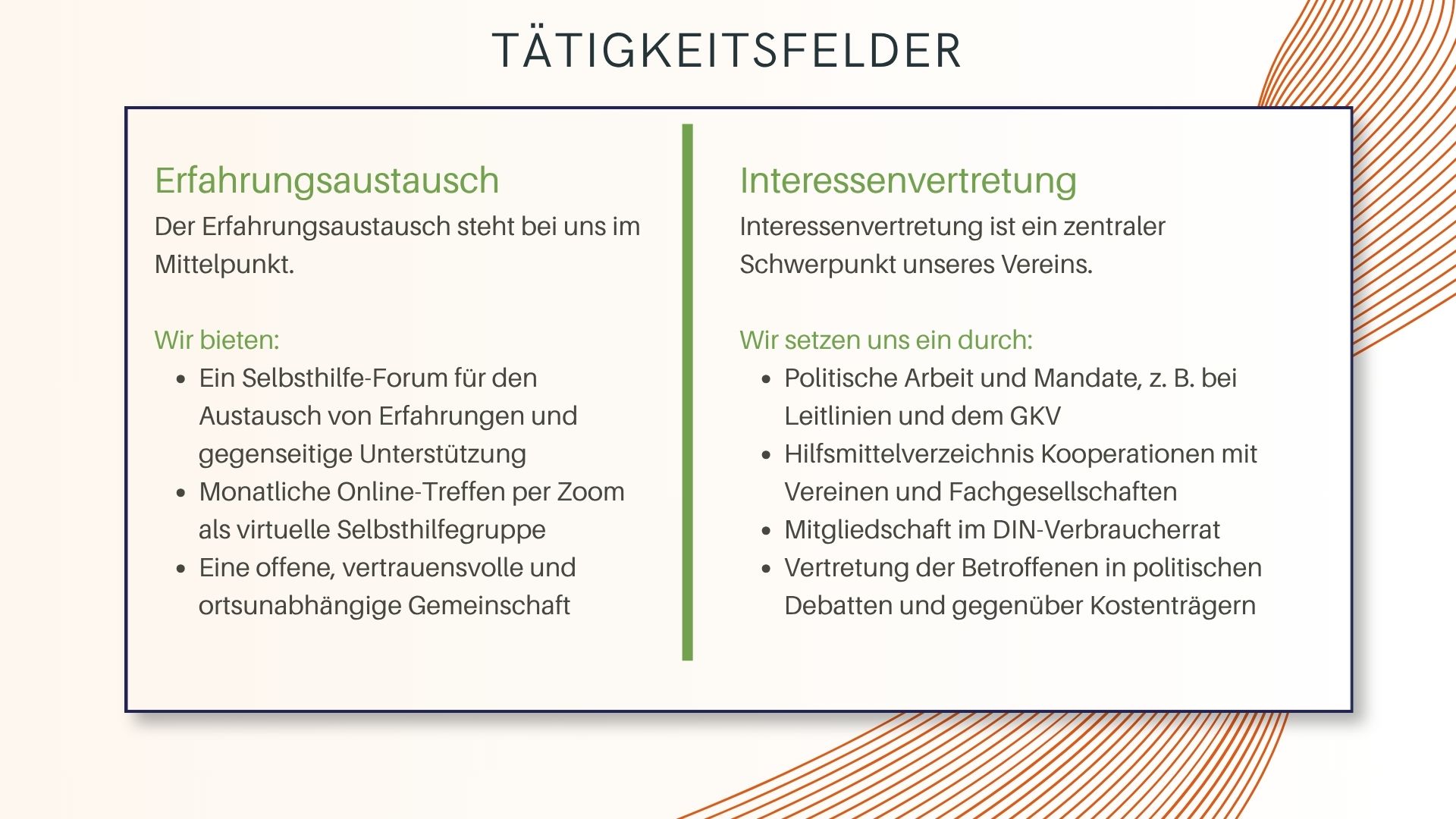 Tätigkeitsfelder der Inkontinenz Selbsthilfe e.V. - Erfahrungsaustausch und Interessenvertretung