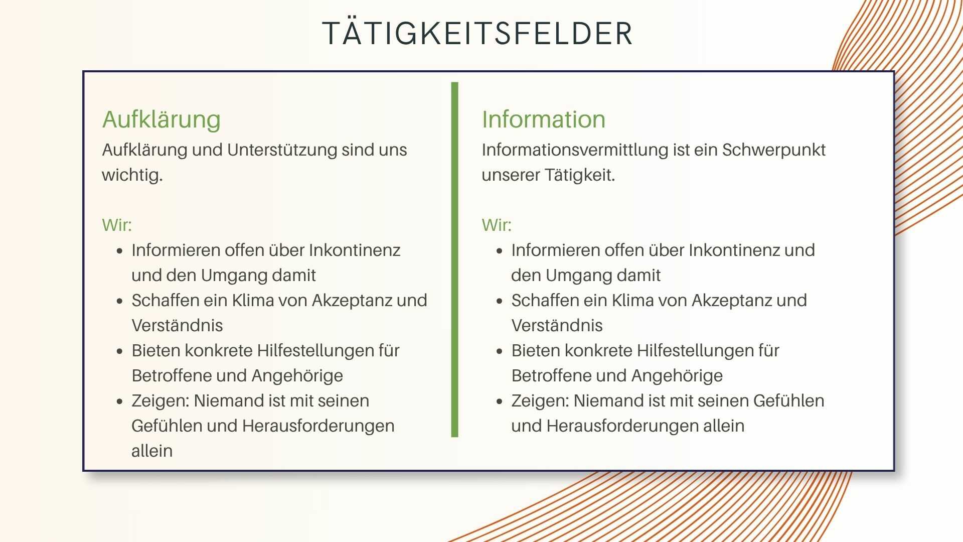 Tätigkeitsfelder der Inkontinenz Selbsthilfe e.V. - Aufklärung und Information